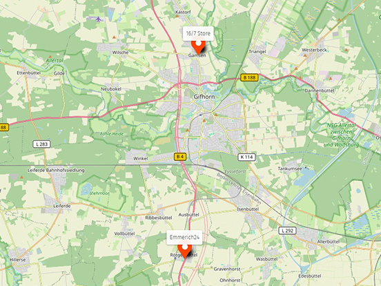 Die Emmerich SB-Stores auf einer Karte